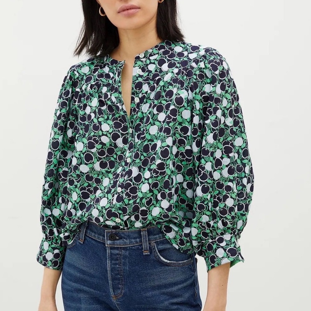 MAEVE BY ANTHROPOLOGIE Cotton Green/Blue Apple Print Balloon Sleeve Blouse M